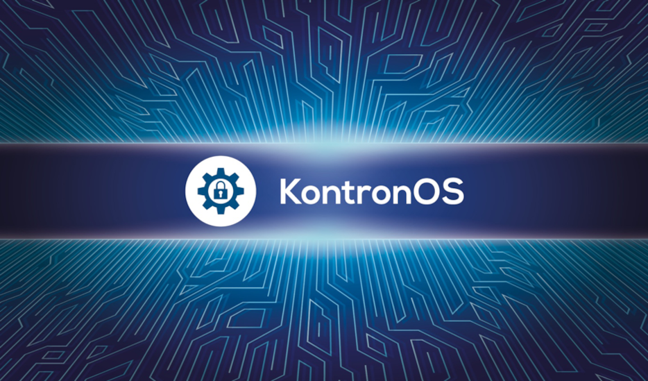 Grafika systému KontronOS s motivem obvodů na pozadí.