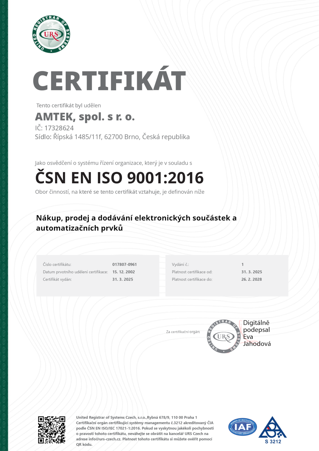 AMTEK,spol. s.r.o. cert ISO 9001 CZ