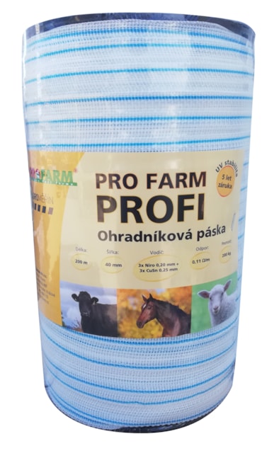 Páska PREMIUM 40 mm pro el. ohradník, 3x0,20 mm Niro + 3x0,25 mm CuSn, 200 m, bílo-modré