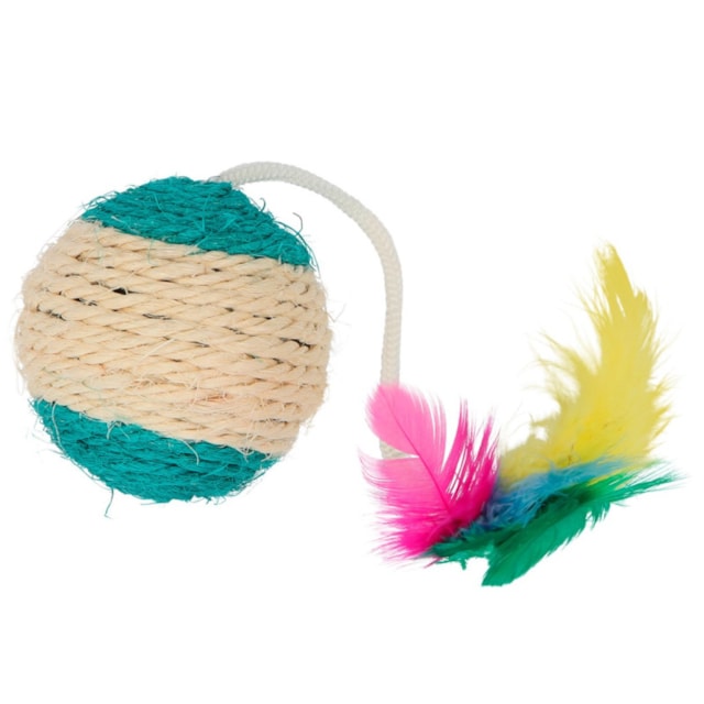 Hračka pro kočky - sisalový míček s pírky 6 cm, s catnipem