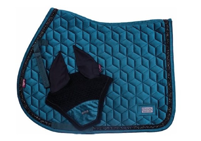 Podsedlová dečka Kentaur sametová s kamínkovým lemem + náušníky full petrolejová