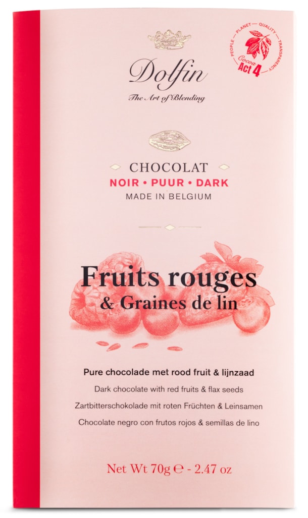 Hořká čokoláda s červeným ovocem a lněným semínkem 70g.