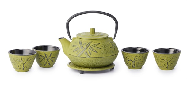 Bamboo - litinová čajová konvice zelená s podstavcem a 4 šálky 800 ml