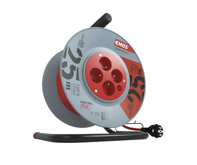 Prodlužovací kabel na bubnu 25 m / 4 zásuvky / červený / PVC / 230 V / 1,5 mm2