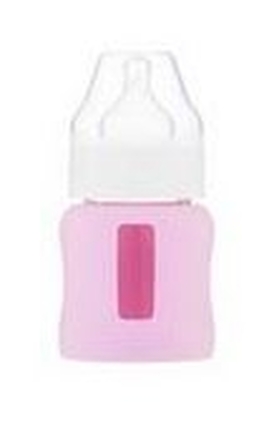 EcoViking Kojenecké láhev skleněná 120ml široká - silikonový obal růžový