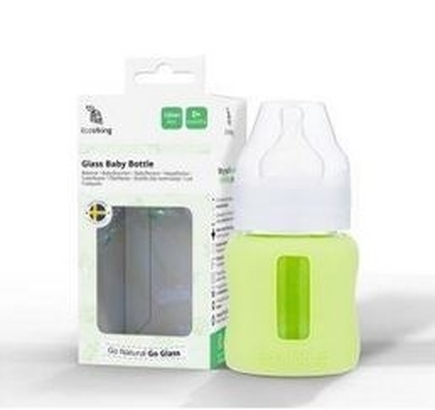 EcoViking Kojenecké láhev skleněná 120ml široká - silikonový obal zelený hráškový