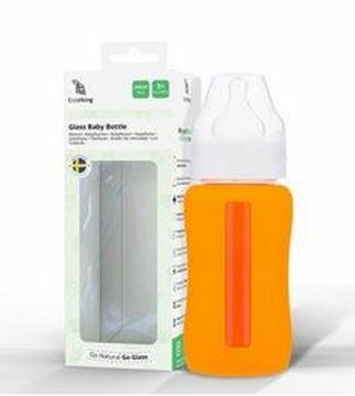 EcoViking Kojenecké láhev skleněná 240ml široká - silikonový obal oranžový