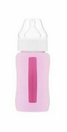 EcoViking Kojenecké láhev skleněná 240ml široká - silikonový obal růžový