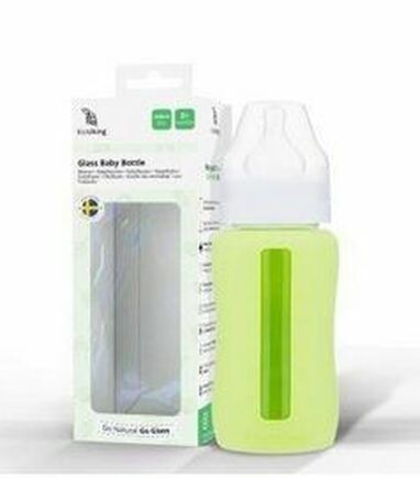 EcoViking Kojenecké láhev skleněná 240ml široká - silikonový obal zelený hráškový