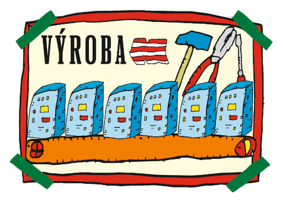 Kreslený obrázek montážní linky znázorňující sériovou výrobu a kompletaci průmyslových počítačů.
