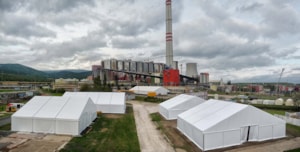 Temporary roofing at a logistics park – set of white fabric halls (aerial view)