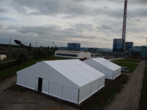 Temporary roofing on site – two white halls, top view