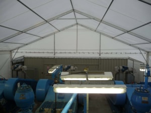 Hall interior for temporary production – equipment under a fabric roof