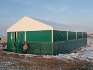 Hala s pevnými boky v zimě – zelené bočnice a sedlová střecha