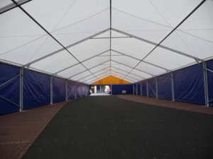 Fabric tent hall interior – long covered corridor for sales/shipping with side fabric walls
