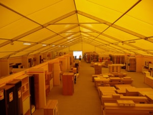 Fabric tent hall interior – stock and goods stored in a covered area