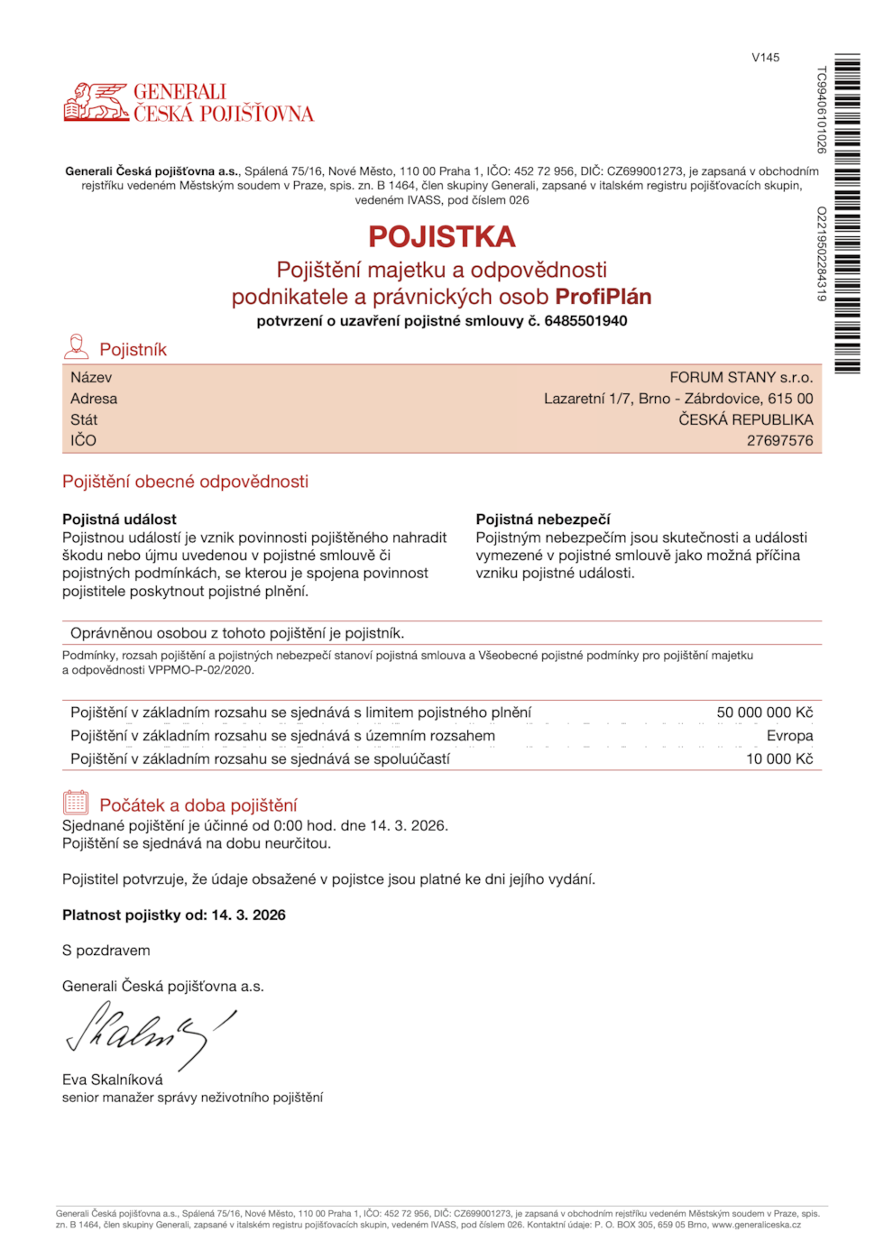 Certifikát-Potvrzení o platnosti smlouvy č. 6485501940