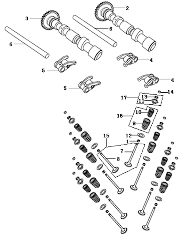 Mechanismus sacích a výfukových ventilů