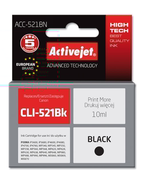 Cartridge Canon CLI-521BK black (10ml) CHIP ActiveJet ACC-521BN DOPRODEJ