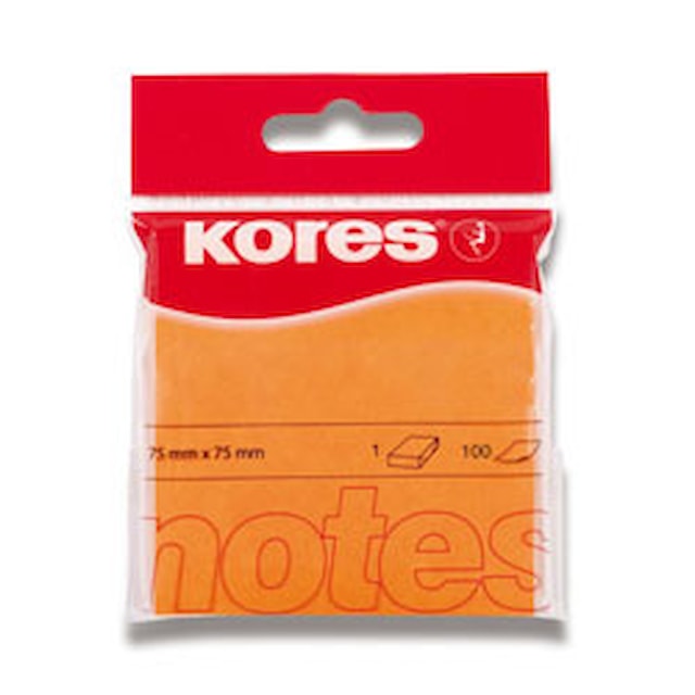 Bloček samolepící Kores 75 x 75mm 100 lístků, neon oranžový