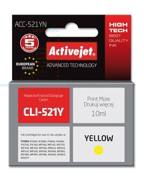 Cartridge Canon CLI-521Y yellow (10ml) CHIP ActiveJet ACC-521YN DOPRODEJ