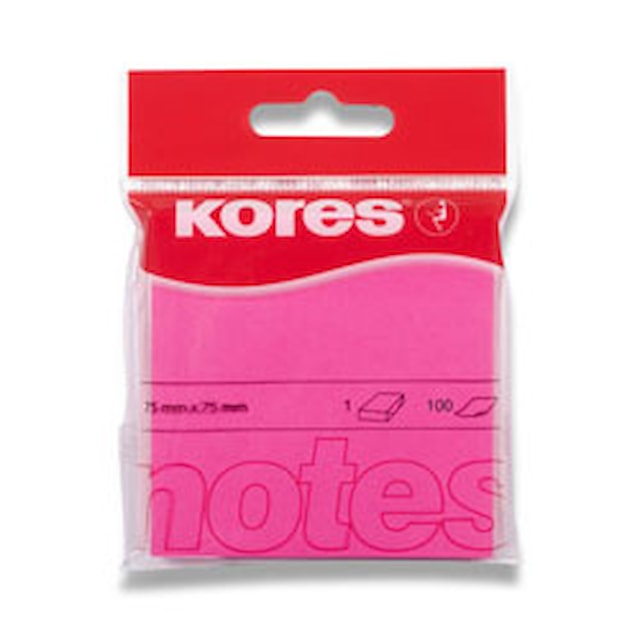 Bloček samolepící Kores 75 x 75mm 100 lístků, neon růžový