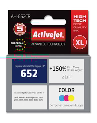 Cartridge HP F6V24AE color č.652XL (21ml., 400 str.)  ActiveJet Premium (AH-652CR)
