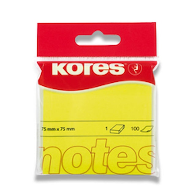 Bloček samolepící Kores 75 x 75mm 100 lístků, neon žlutý