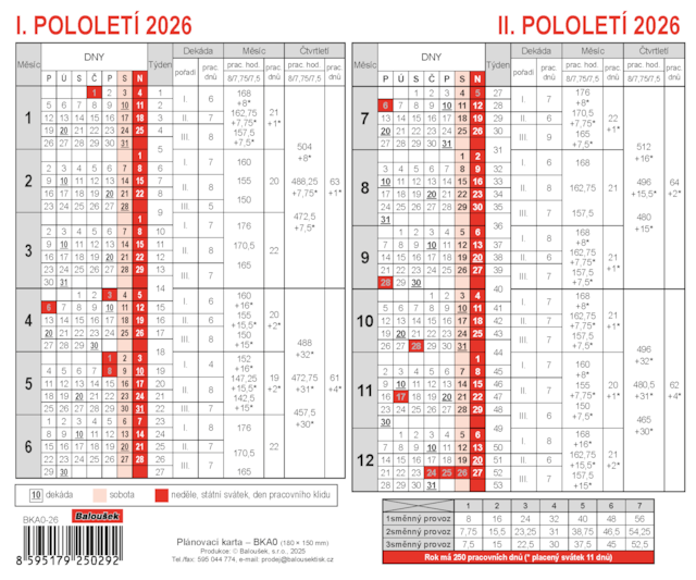 Kalendář plánovací lístkový, 2026, plánovací karta