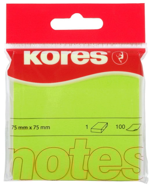 Bloček samolepící Kores 75 x 75mm 100 lístků, neon zelený