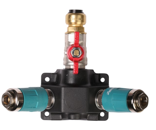 Rozdělovací krabice se 2 bezp. rychlospojkami a kulovým ventilem o 15 mm