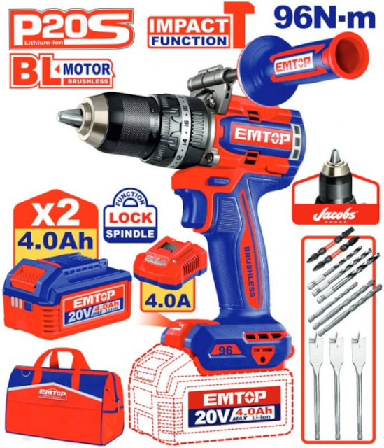 Aku vrtací šroubovák s příklepem 20V 96Nm 2x4.0Ah