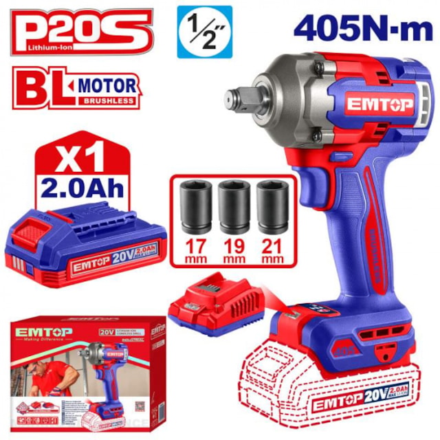 Aku rázový utahovák 20V 405Nm 1/2" 1x2.0Ah