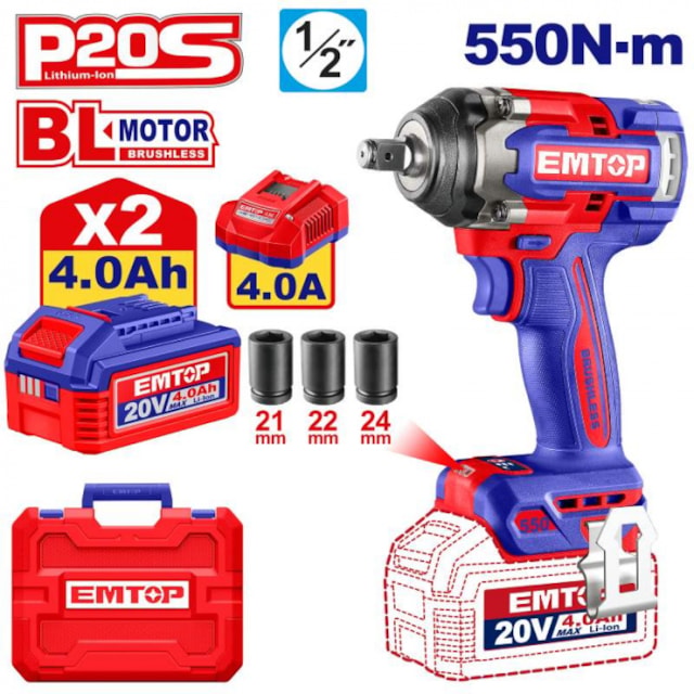 Aku rázový utahovák 20V 550Nm 1/2" 2x4.0Ah