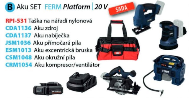 Ferm aku sada nářadí B, taška RPI-531, přímočará pila JSM1036, excentrická bruska ESM1013, okružní pila CSM1048, kompresor CRM1054, zdroj 2.0Ah CDA1136, nabíječka CDA1137