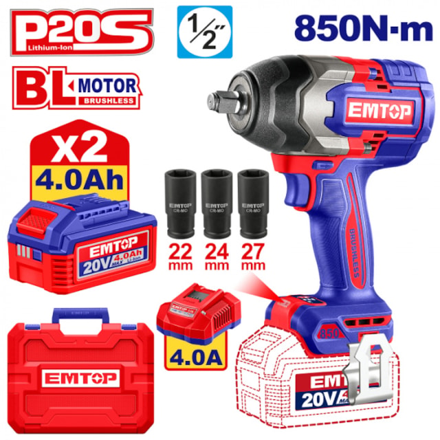 Aku rázový utahovák20V 850Nm 1/2" 2x4.0Ah