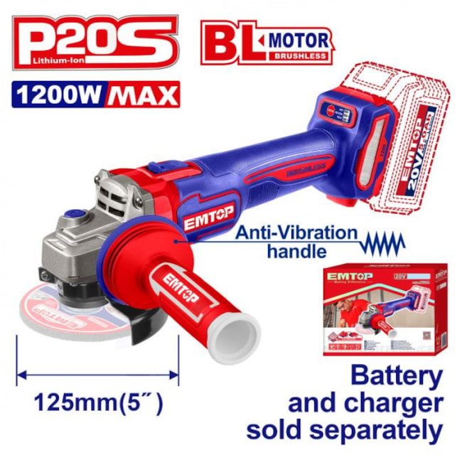 Aku úhlová bruska 20V 125 mm (1200W) solo