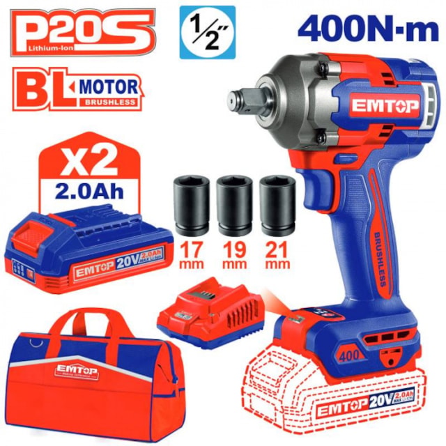 Aku rázový utahovák 20V 400Nm 1/2" 2x2.0Ah