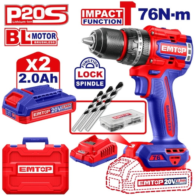 Aku vrtací šroubovák s příklepem 20V 76Nm 2x2.0Ah
