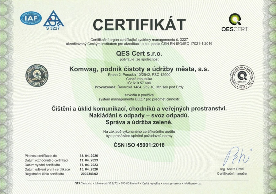 ISO certifikát 45001.2018 CZ