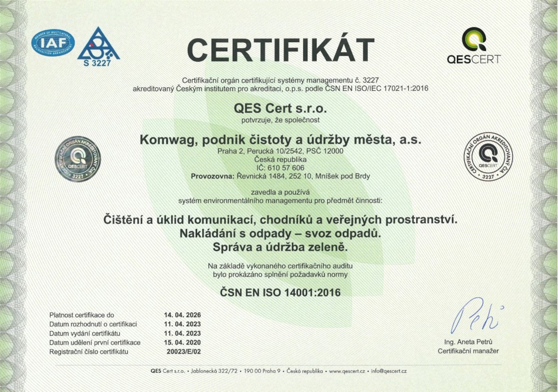 ISO certifikát 14001.2016 CZ