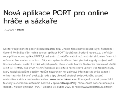 Národní linka pro odvykání: Nová aplikace PORT pro online hráče a sázkaře
