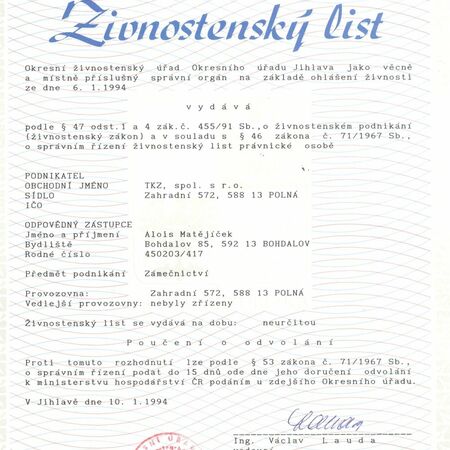 1994 založení TKZ Polná, spol. s r.o.