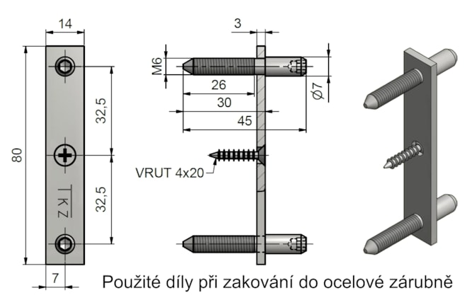Výkres (použité díly pro zakování do ocelové zárubně)