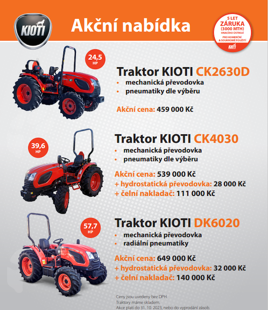 Akční nabídka traktorů Kioti bez kabiny